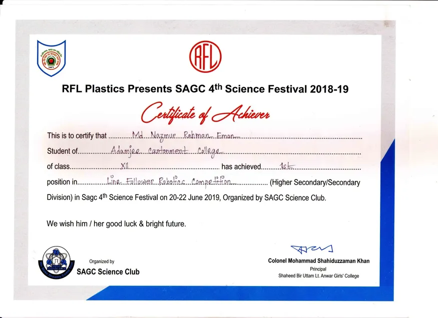 1st Position, Line Follower Competition — SAGC 4th Science Festival