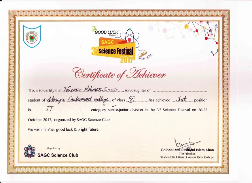 1st Position, IT Olympiad — SAGC Science Festival